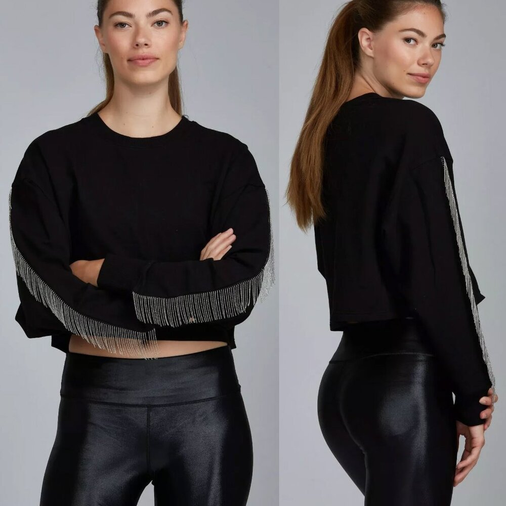 NOLI Yoga Fringe Tassel Cropped Cotton Black Sweatshirt Beaded Chain Glam S $108